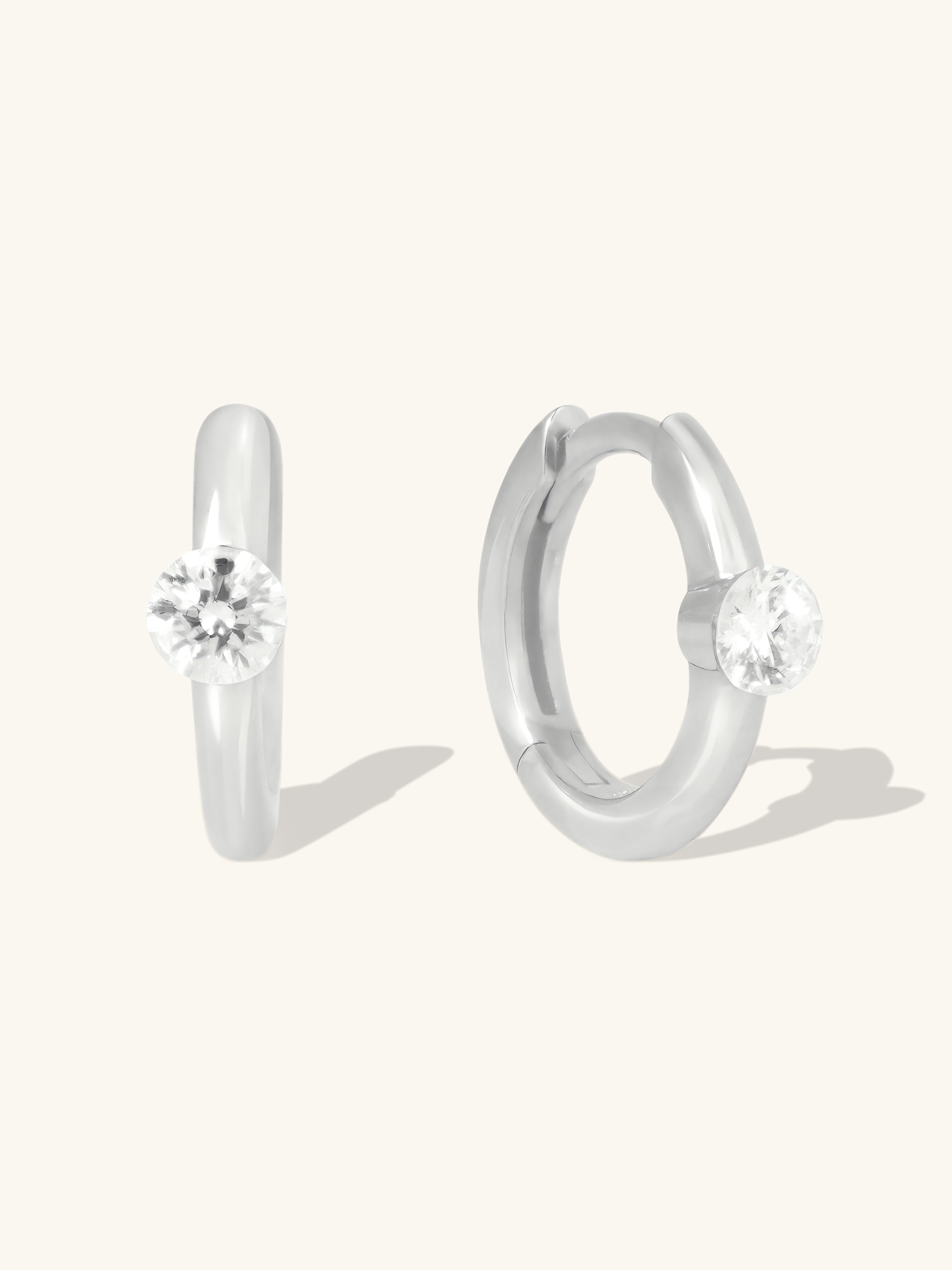 Floating Diamond 14K White Gold 10mm Huggie Earrings