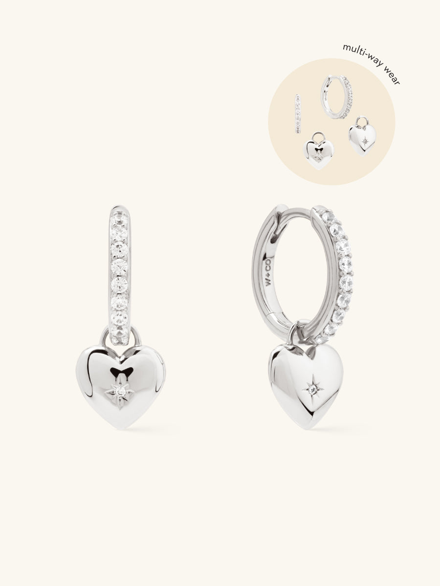 Heart Charm Silver Huggie Earrings | Wanderlust + Co