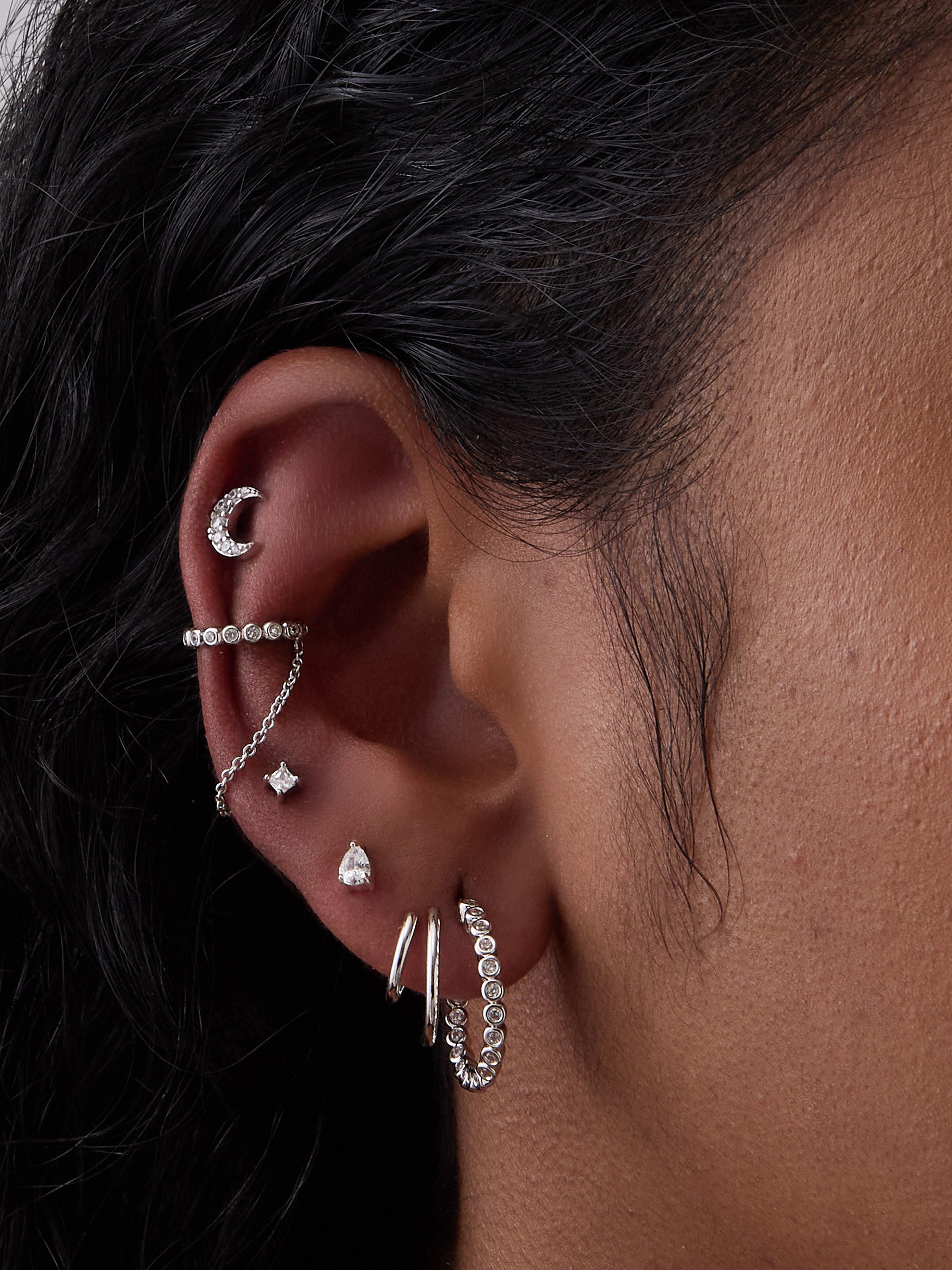 Pave Drop Chain Silver Ear Cuff