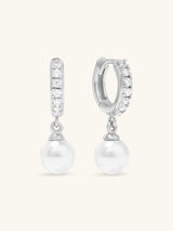 Pave Pearl Silver Drop 7mm Baby Huggie Earrings | Wanderlust + Co