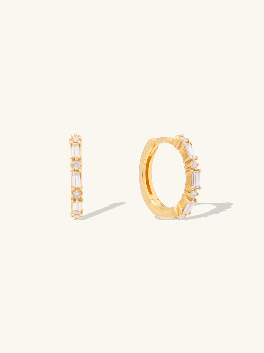 Classic Diamond Baguette 14K Solid Gold 8mm Baby Huggie Earrings | Wanderlust + Co