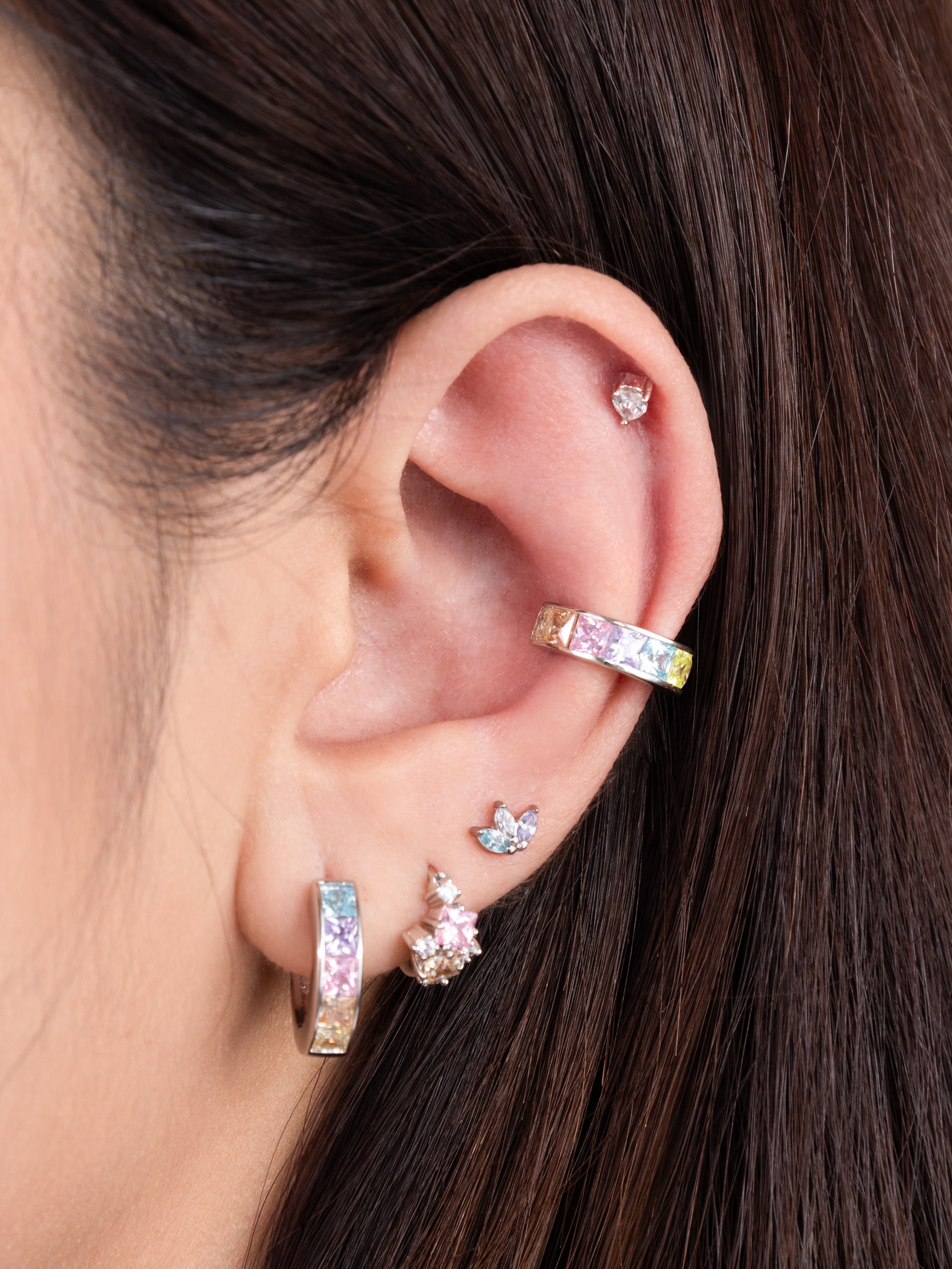 Trio Marquise Rainbow & Silver Flat Back Earring