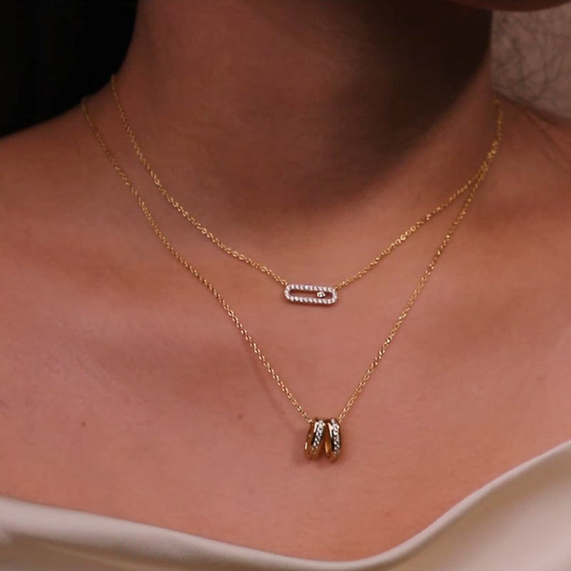 Gold Simple Pavé Bar + Double Chain Layered Necklace