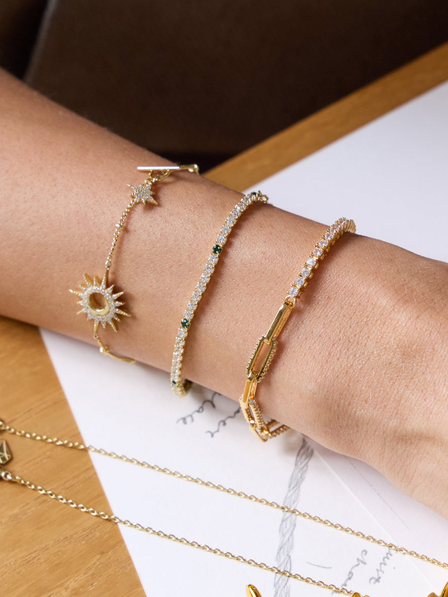 Pave 14K Gold Vermeil Emerald Mini Tennis Chain Bracelet | Wanderlust + Co
