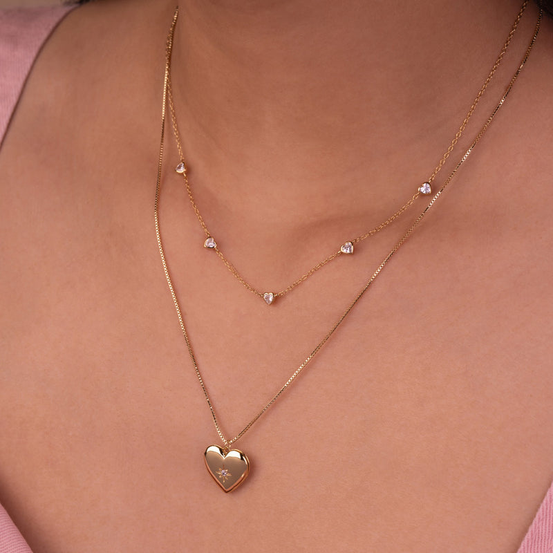 14K Gold Double Heart Gems Pendant, Real Gold Heart Pendant, Petite Small Gold shops Heart Charm