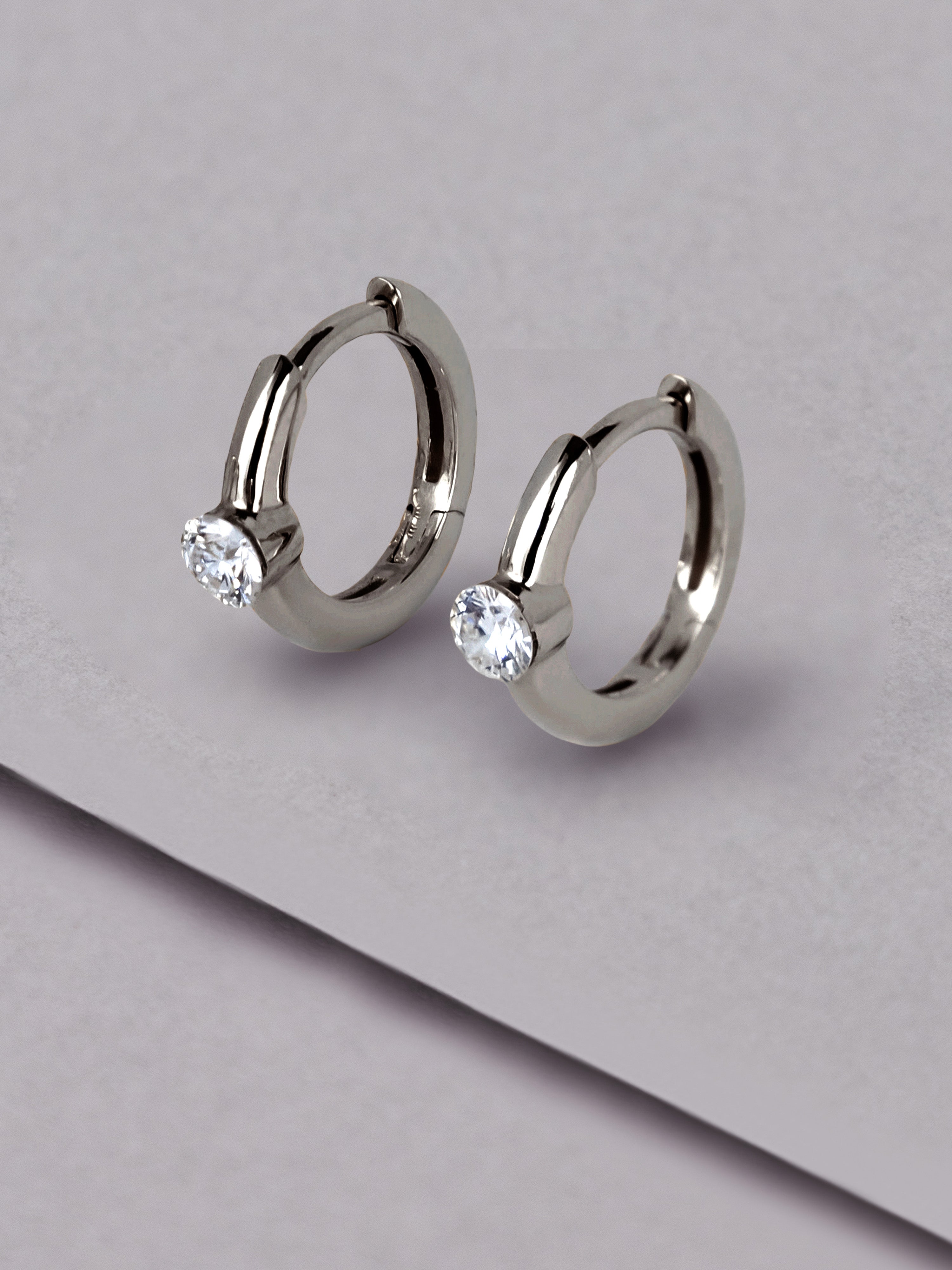 Floating Diamond 14K White Gold 10mm Huggie Earrings