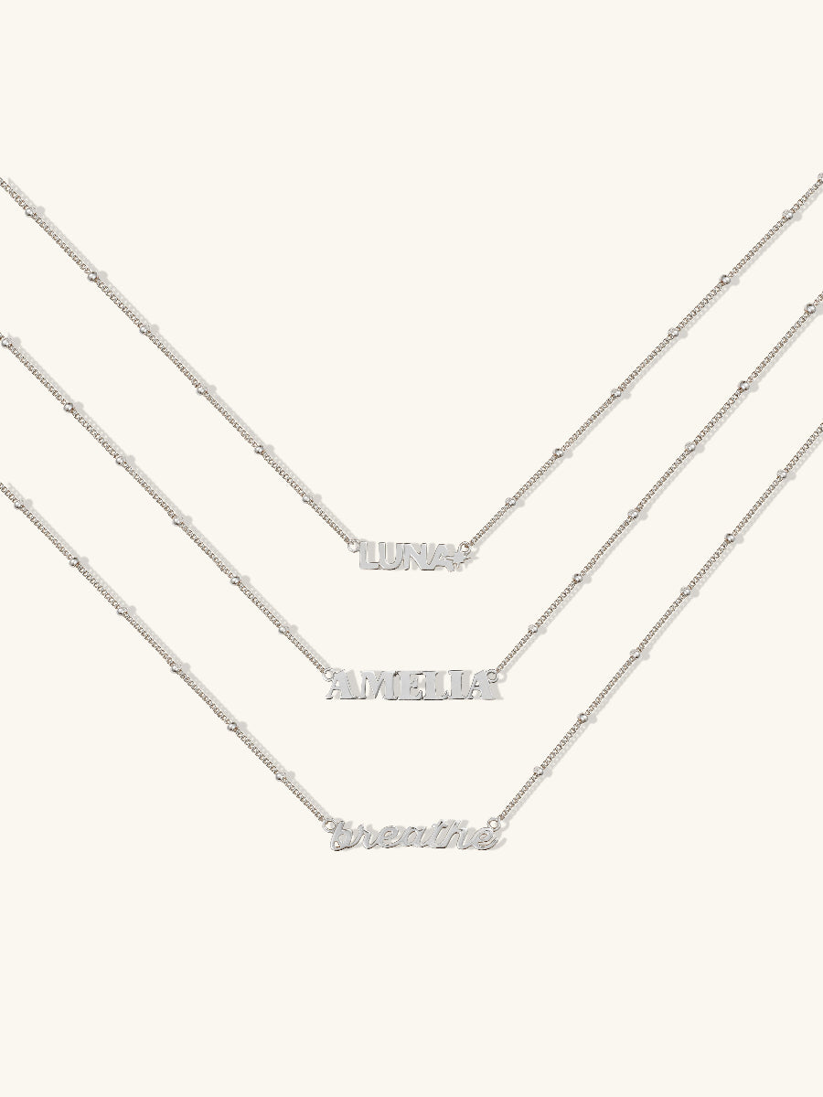 Sterling Silver Nameplate Necklace With Beaded Chain | Wanderlust + Co