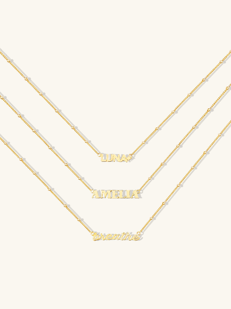14K Gold Vermeil Nameplate Necklace With Beaded Chain | Wanderlust + Co