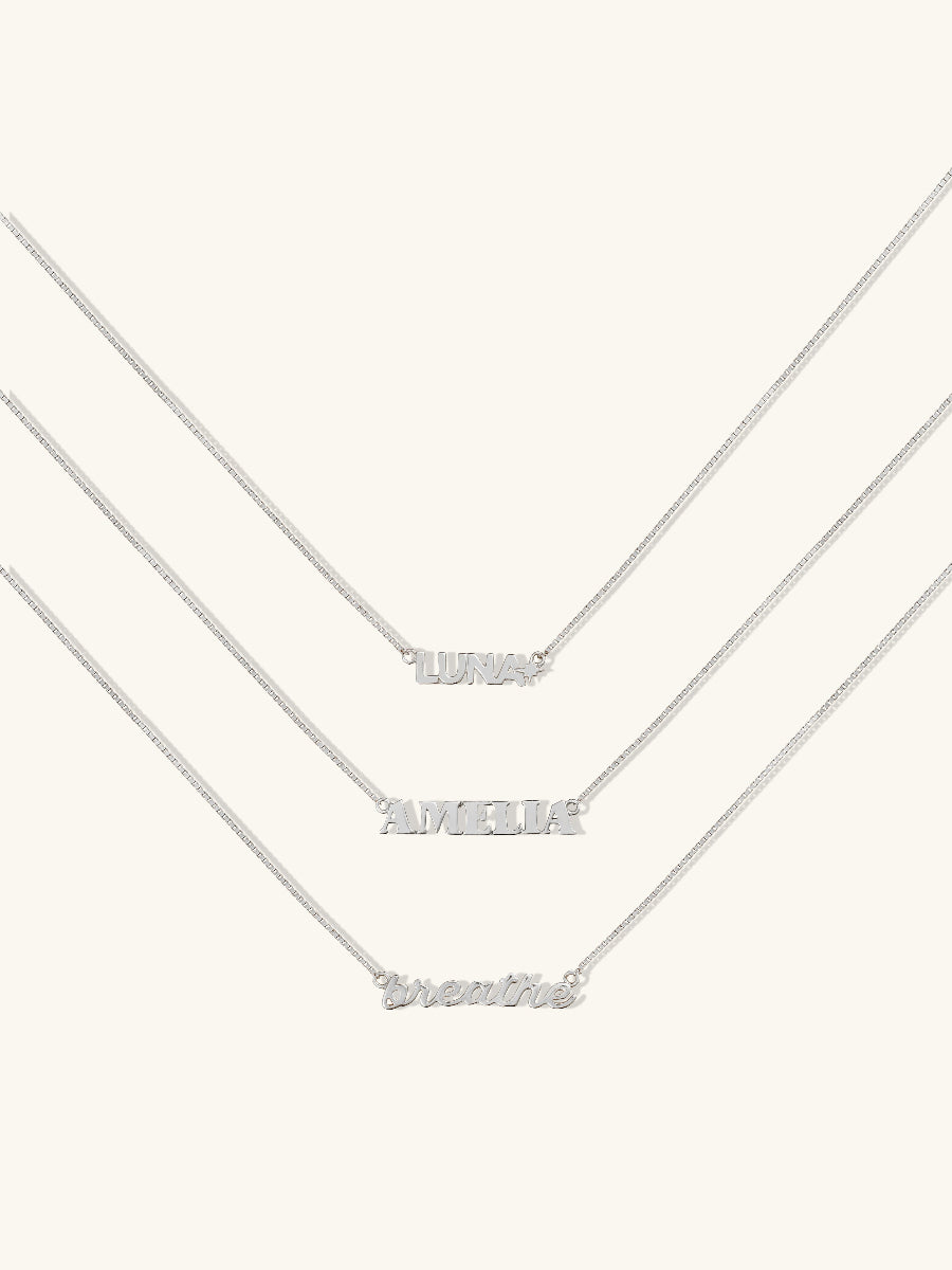 Sterling Silver Nameplate Necklace With Classic Box Chain | Wanderlust + Co