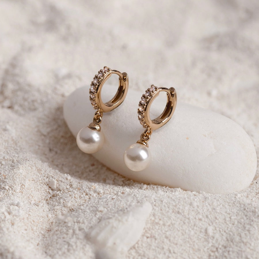 Pave Pearl Gold Drop 7mm Baby Huggie Earrings – Wanderlust + Co