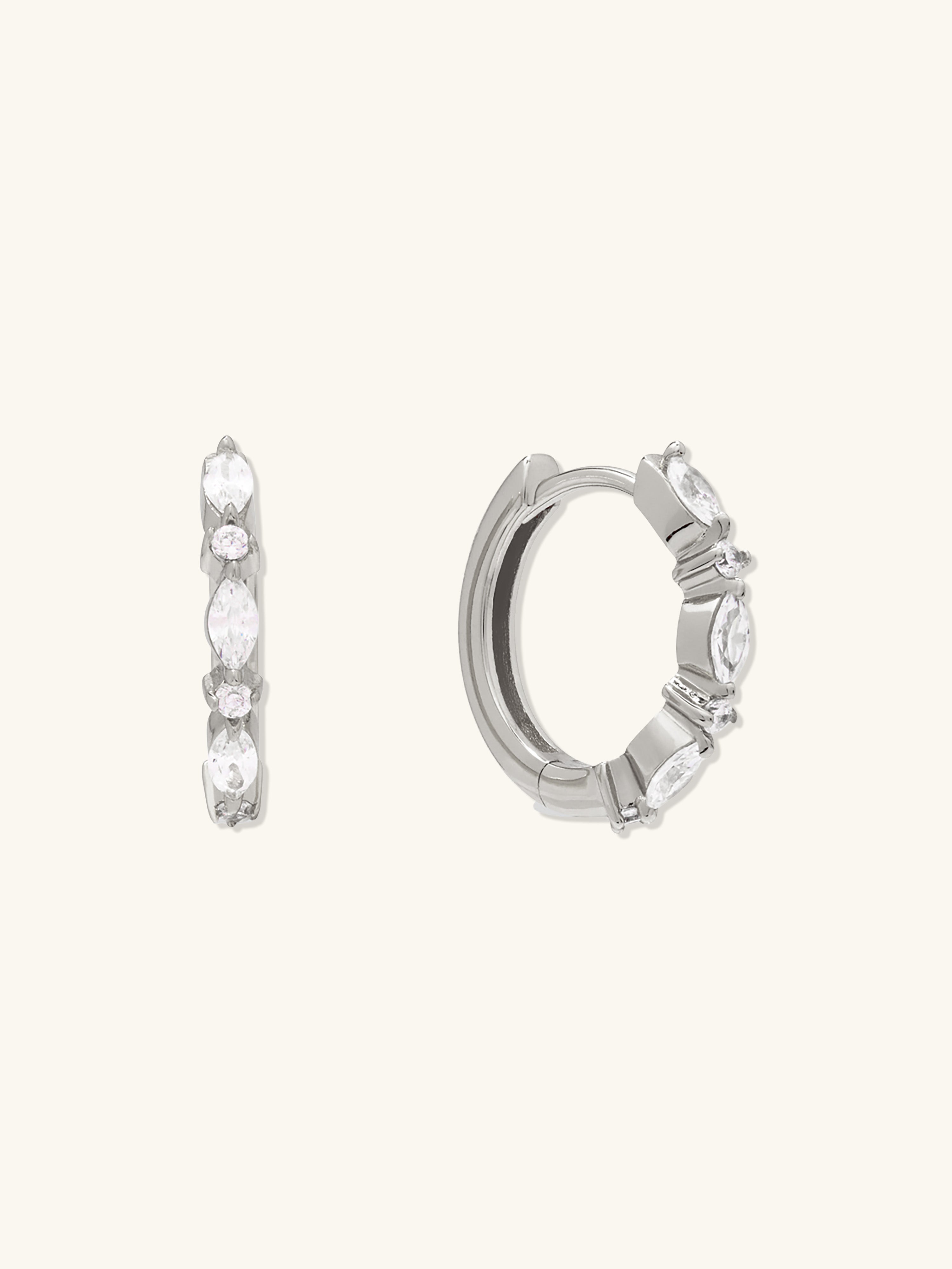 Marquise Pave Silver 11mm Huggie Earrings
