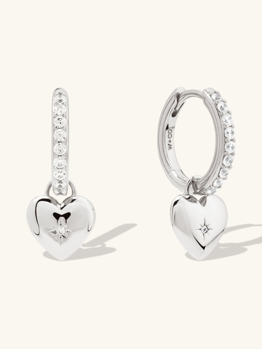 Heart Charm Silver Huggie Earrings | Wanderlust + Co