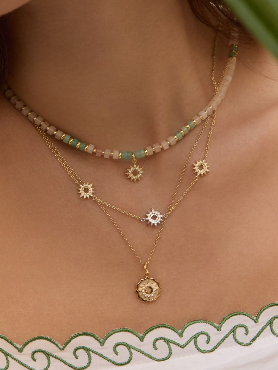 Sun Hues Beaded Gold Necklace | Sunlit Mother Of Pearl 14K Gold Vermeil Pendant | Wanderlust + Co