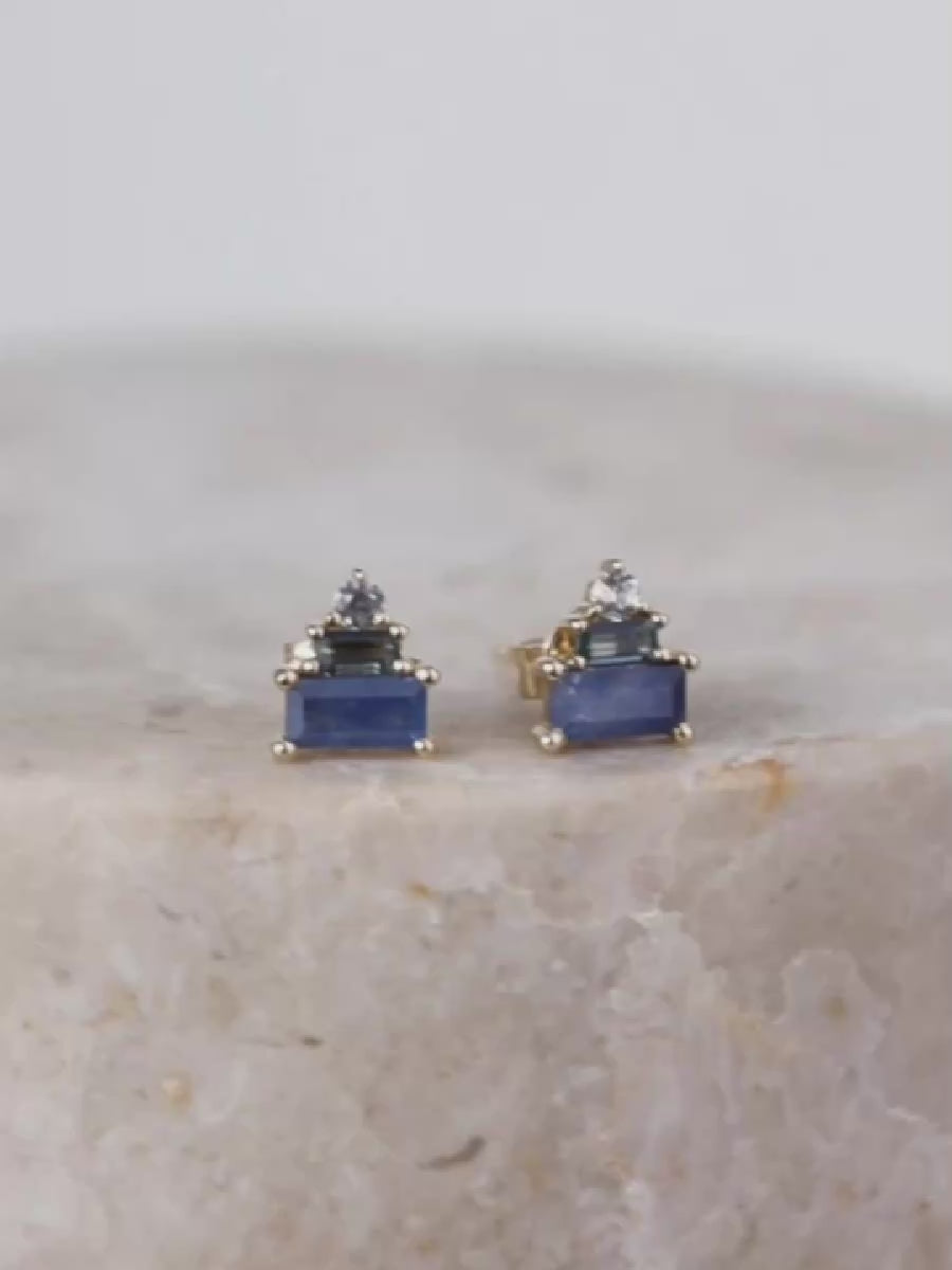Midnight Sapphire Baguette 14K Solid Gold Earrings | Wanderlust + Co